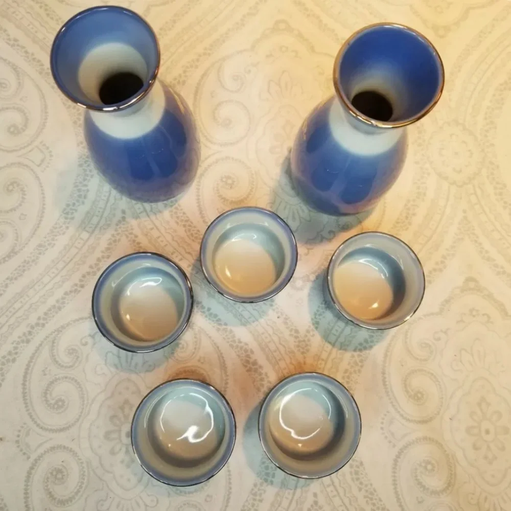 Vintage Arita Porcelain Crane Blue White Sake Set Gold Metallic Detail Japan